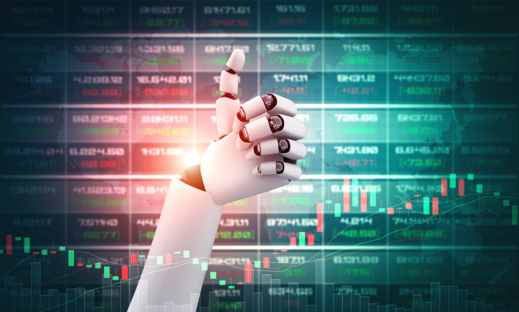 Robot humanoid hands up to celebrate money investment success ac