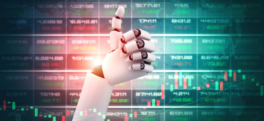 Robot humanoid hands up to celebrate money investment success ac